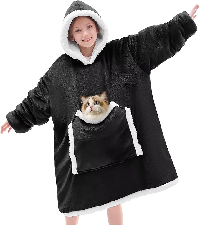 JOYWOO Black Kids Wearable Blanket Hoodie,Oversized Cat lovers Hoodie Blanket for kids & Teens,Birthday Gifts for Girl Boys,Warm Cozy Fuzzy Sherpa Fleece Sweatshirt Blanket with Giant Pocket Gifts