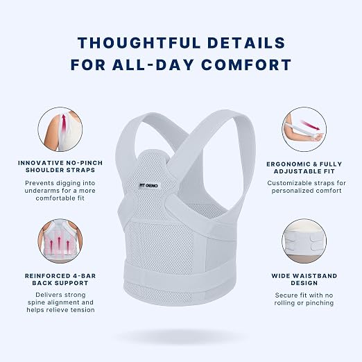 Fit Geno Back Brace Posture Corrector for Women and Men, Shoulder Straightener, Adjustable Full Back Support, Upper and Lower Back Pain Relief - Scoliosis, Hunchback, Thoracic, Spine Corrector (M)