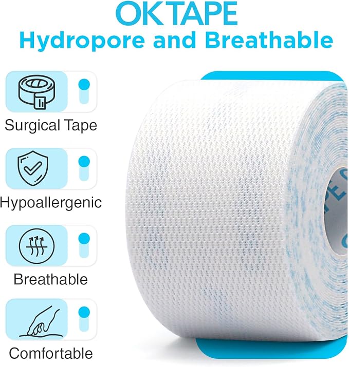 OK TAPE Hypoallergenic Surgical Tape 2 inch x 5.5yd |6 Rolls,Dry Medical Tape for Skin, Tube, Dressings, Wound First Aid Tape
