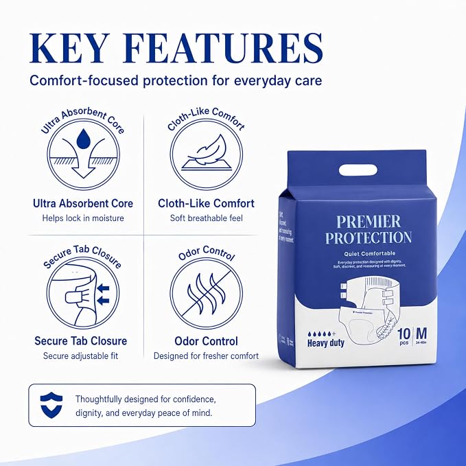 Adult Incontinence Briefs Tab Style, Heavy Absorbency with Wetness Indicator, Refastenable Tabs, Breathable & Soft, Men and Women, Medium & Large, 10 Count