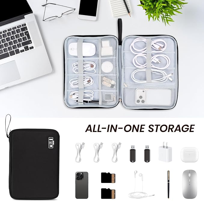 Electronic Organizer Travel Case, Slim Cable Accessories Pouch, Single Layer Tech Pouch & Cord Storage Bag for Chargers, Power Bank, SD Cards - Minimalist Travel Essentials