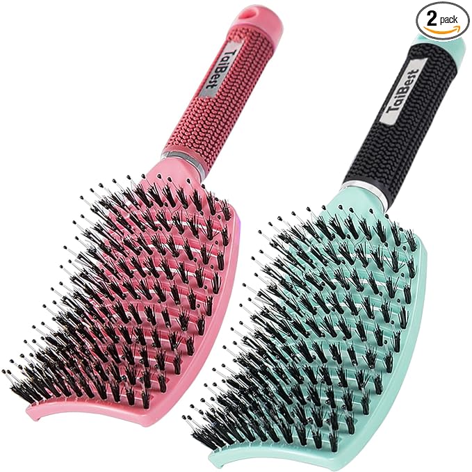 Boar Bristle Hair Brush Set - Dry/Wet Hair Brush Detangler for Fine, Thick, Curly Hair - Curved and Vented Brush for Women, Men or Kids (Green & Apricot Pink)
