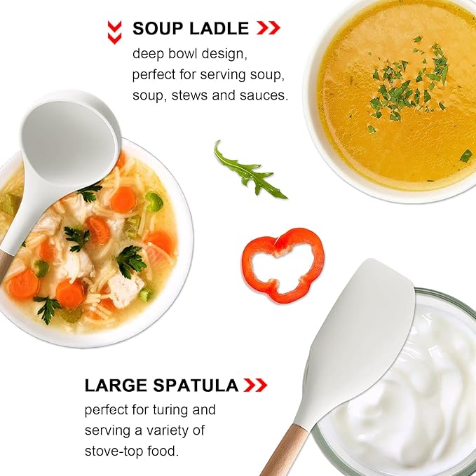 Silicone Kitchen Utensils Set of 5, Cooking Utensil Set with Heat Resistant Wooden Handle Non-Stick Silicone Spatula Spoon Turner Ladle, BPA FREE Cooking Kitchen Gadgets for Cookware & Baking