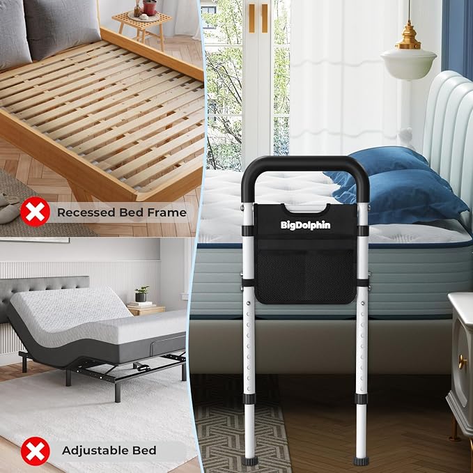 Bed Rails for Elderly Adults Safety - ASTM Approved, 350 LBS Capacity, Tool-Free Assembly, Non-Slip Ergonomic Handle with Storage Pocket, Safe Bed Rails for Seniors