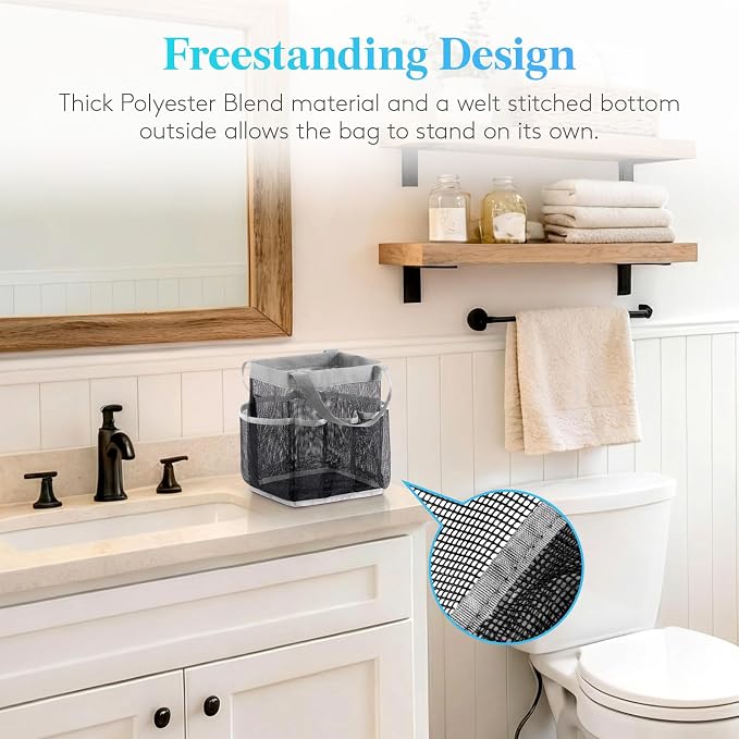 Lifewit Mesh Shower Caddy Portable for College Dorm Room Essentials with 7 Pockets, Freestanding Hanging Organizer Basket, Quick Dry Tote Bag for Camping, Bathroom, Beach, Travel, 1 Pack, Grey