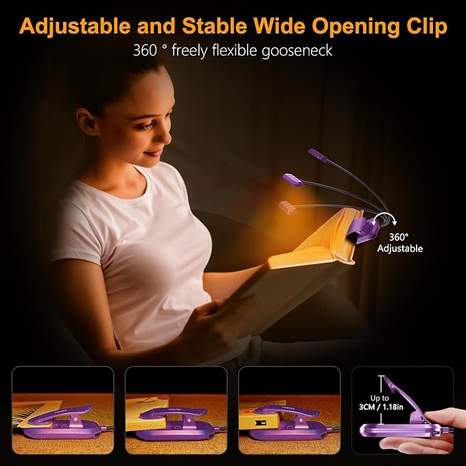 Gritin Rechargeable Book Light for Reading in Bed with 19 LED | Eye Caring 3 Color Temps, 5 Brightness Levels, Memory Function, 90 Hrs Runtime Flexible Goose Neck Clip on Light-Dark Purple