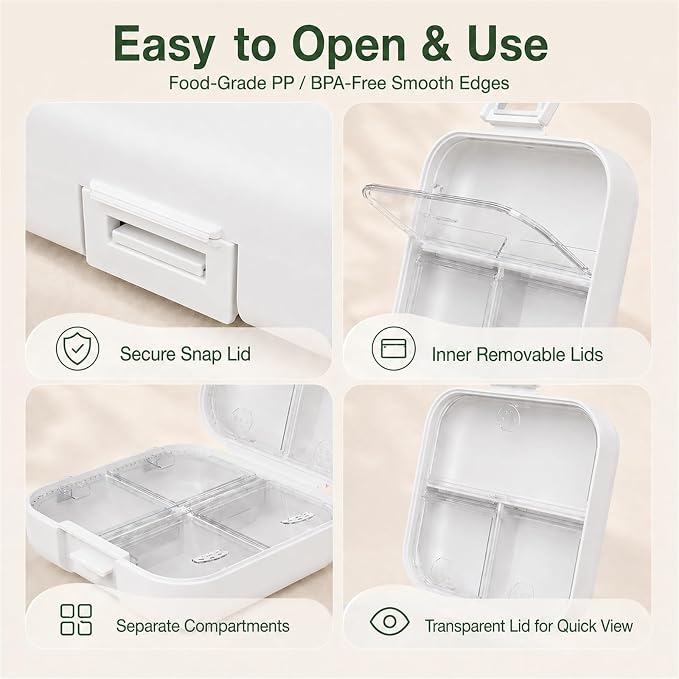 Small Travel Pill Box, Double Layer 7-Compartments Pill Organizer, 3.1" x 3.1" x 1.4" Portable Weekly Pill Case Container for Pocket, 7 Day Compact Medicine Holder for Vitamins, Fish Oils White