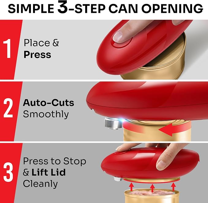 MUELLER HOME SmoothEdge Auto Can Opener Electric, Red | Battery-Operated, Magnet Lid Lifter, Portable Hands-Free One Touch, For Seniors & Arthritis, Kitchen Accessories