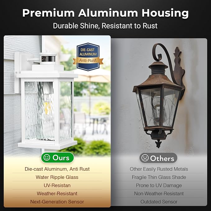 VIANIS Large Adjustable Sensitivity Motion Sensor Exterior Porch Lights | Anti-Rust, Dimmable, 2 Pack White Dusk to Dawn Outdoor Lighting, Waterproof Front Porch Light for Garage, Front Door, E26