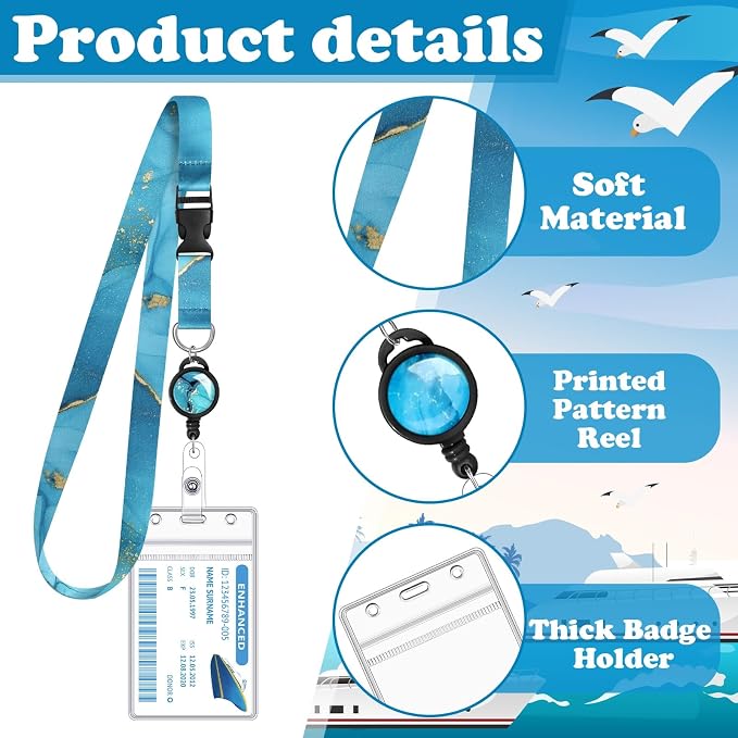 4 Pack Cruise Lanyard for Ship Cards, Cruise Essentials 2026, Blue Marble | Detachable, Retractable Badge Reels & Waterproof ID Badge Holders, Cruise Must Have for Carnival, Royal Caribbean, NCL