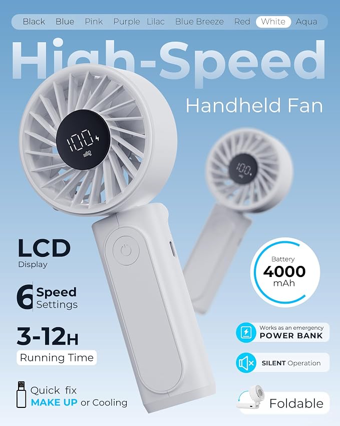 Peiyuu Handheld Portable Fan, 4000mAh USB Rechargeable Personal Fan, 180° Foldable Mini Desk Fan with 6 Wind Speed, LCD Digital Display, Lanyard as Neck Fan, Ultra Quiet