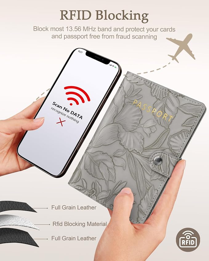 Slohif Elegant RFID Passport Holder for Travel with AirTag Elephant Gray | Floral Embossed Passport Wallet for Women, Slim Vegan Leather Travel Organizer with Money Pocket and Card Slots