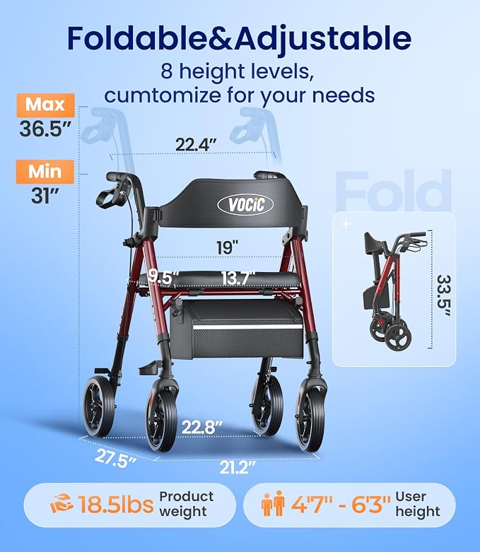 VOCIC Z21 Rollator Walker for Seniors with Seat, 8" All Terrain, 350 LBS | Lightweight Foldable & Dual Height Adjustable for Seniors, Ergonomic Arc Seat&6" Ultra Backrest Provide Comfort, Red