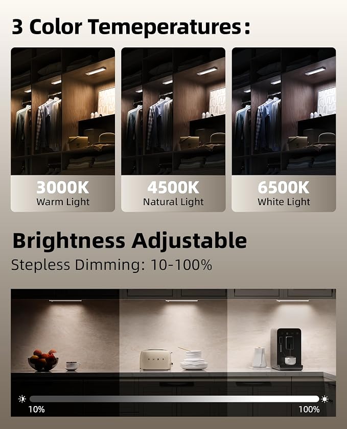 6Pack 7.8inch Under Cabinet Lighting, Rechargeable Motion Sensor Light Wireless Indoor, Dimmable 3 Color Temps Closet Lights with Remote, Under Counter Lights for Kitchen, Stairs, Bookshelf