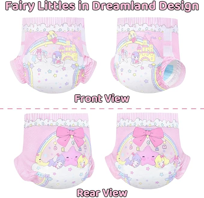 LittleForBig Ultra Absorbent 7000 mL Adjustable Hook-and-Loop Fastener Closure Adult Printed Cloth Back Diaper 10 Pieces - Fairy Littles in Dreamland (X-Large 48"-56")