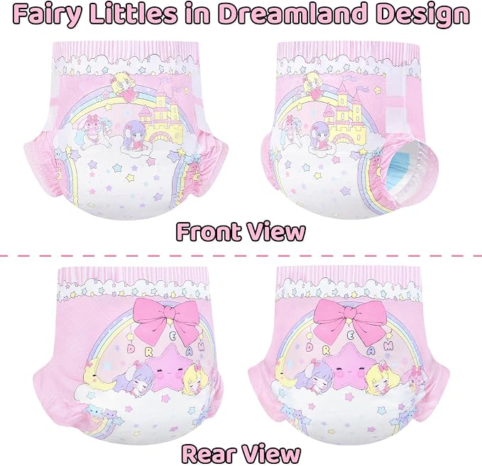LittleForBig Ultra Absorbent 7000 mL Adjustable Hook-and-Loop Fastener Closure Adult Printed Cloth Back Diaper 2 Pieces - Fairy Littles in Dreamland (Medium 28"-38")