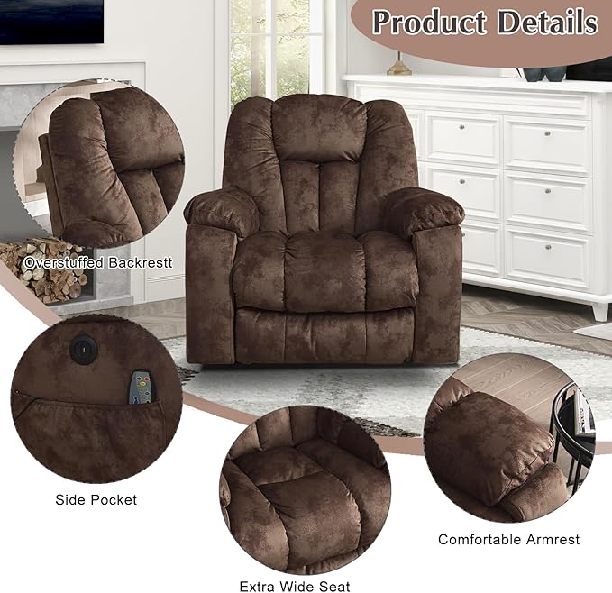 Power Lift Recliner Chair with Massage and Heat for Elderly, Overstuffed Wide Recliners, Heavy Duty and Safety Motion Reclining Mechanism with USB Ports, 2 Concealed Cup Holders, Chocolate