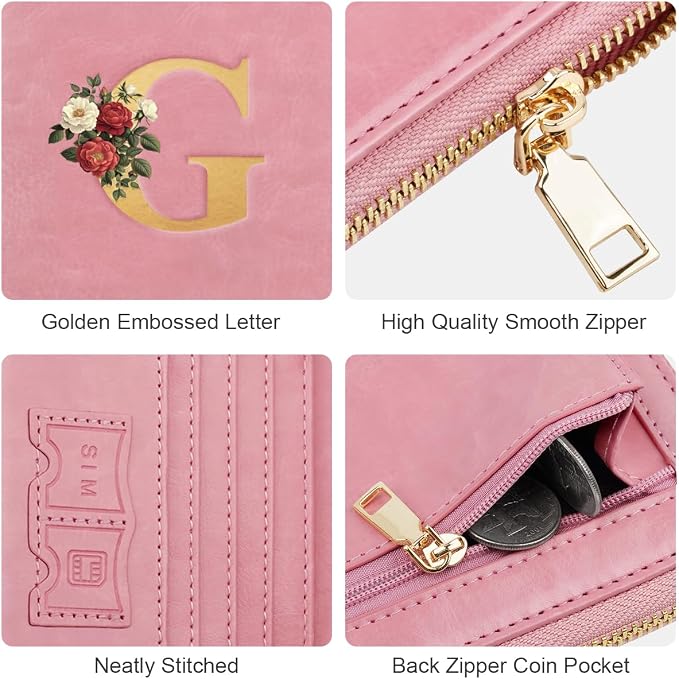Passport Holder for Travel Personalized Wallet with Wristlet Women | All-in-One Passport Cover, RFID Blocking, Back Coin Pocket, Paper Money Slot, Zipper Closure, Roses Initial Letter, Pink G
