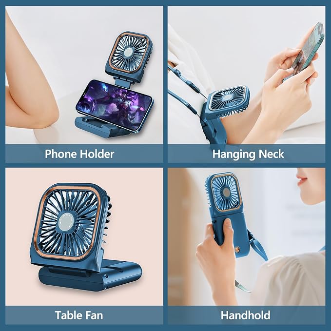 Portable Handheld Fan with Phone Holder, 3000mAh Power Supply Rechargeable Neck Fan with USB Output, Foldable Small Fan 0-180° Adjustable, Ultra Quiet Personal Cooling Fan for Travel Office Home