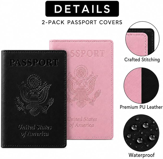Ciana Passport Holder for Travel – PU Leather Passport Cover and Card Holder for Men & Women – Slim Passport Holder with Card Protector Slot, Travel Must Haves (Black & Pink)