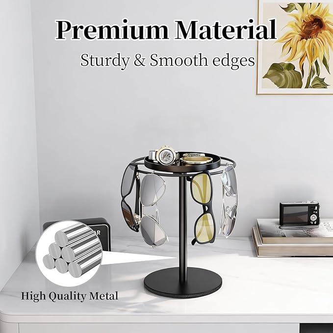 LSK Metal Sunglasses Organizer, Glasses Holder Stand with Storage Tray, Eyeglasses Holder with Anti-Slip Pads for Tabletop, Desk, Dresser, Matte Black