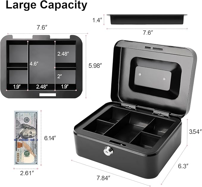 Jssmst Locking Medium Steel Cash Box with Money Tray,Lock Box,Black
