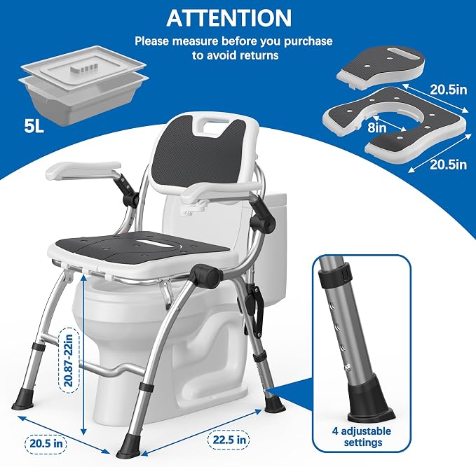 3 in 1 Folding Bedside Commode Chair,No-Assembly Foldable Shower Chair for Inside Shower with Arms and Back,Portable Toilet for Adults Elderly,Adjustable Height Raised Toilet Seat with Handles