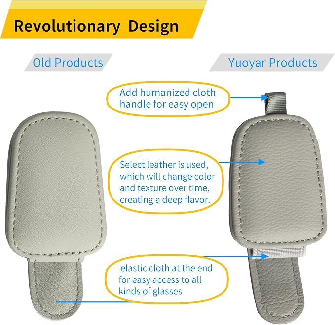 Yuoyar Magnetic Leather Sunglasses Holder for Car, 2 Packs (Silver Grey) | Magnetic Car Visor Accessories