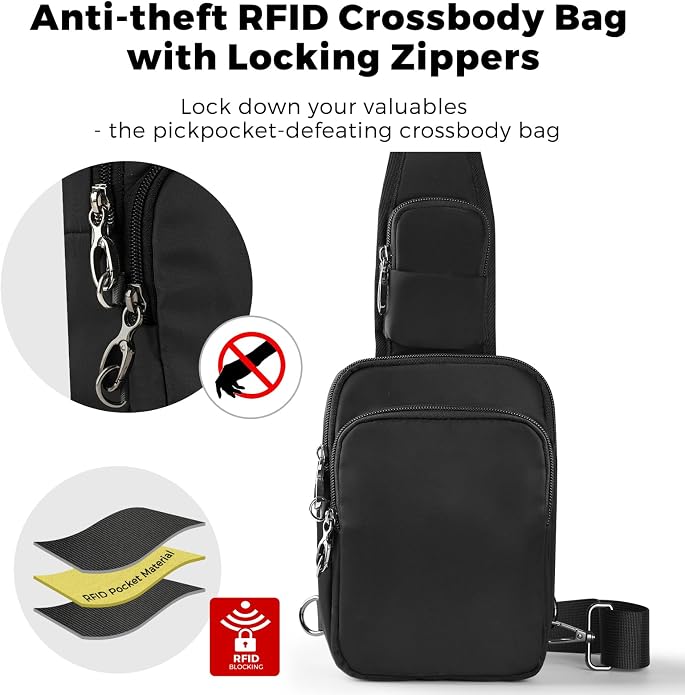 Sling Bag, Crossbody Bag with Zipper Lock, RFID Blocking & Water Resistant for Men and Women