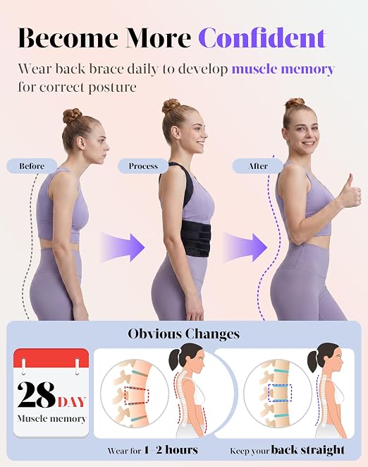 Posture Corrector for Women and Men, Full Back Support Brace, Adjustable Shoulder Straightener, Improving Posture, Relief Upper and Lower Back, Neck Pain, Full Black, Large