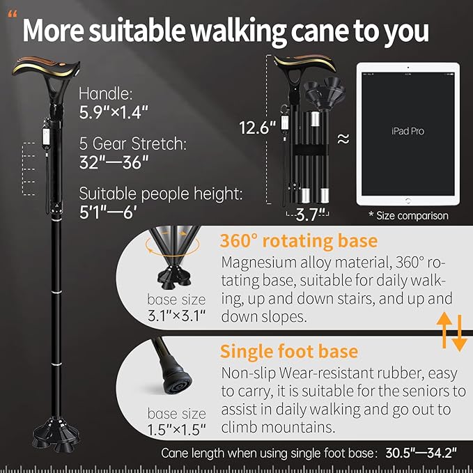 Folding Cane, Smart Alarm Foldable Cane with Light, Fashion Walking Cane for Women&Men, Adjustable Canes for Seniors, USB Direct Charging, Lightweight and Portable