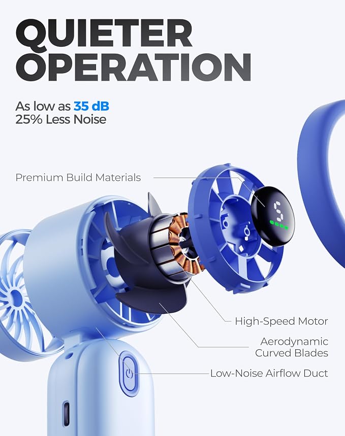 Diveblues Mini Portable Handheld Turbo Fan 27ft/s, 4000mAh Battery | 12H Max Cooling, 5 Speeds, LED Display, Quiet Motor, 3-in-1 Handheld/Neck/Desk Fan for Travel, Cruise & Disney Essentials