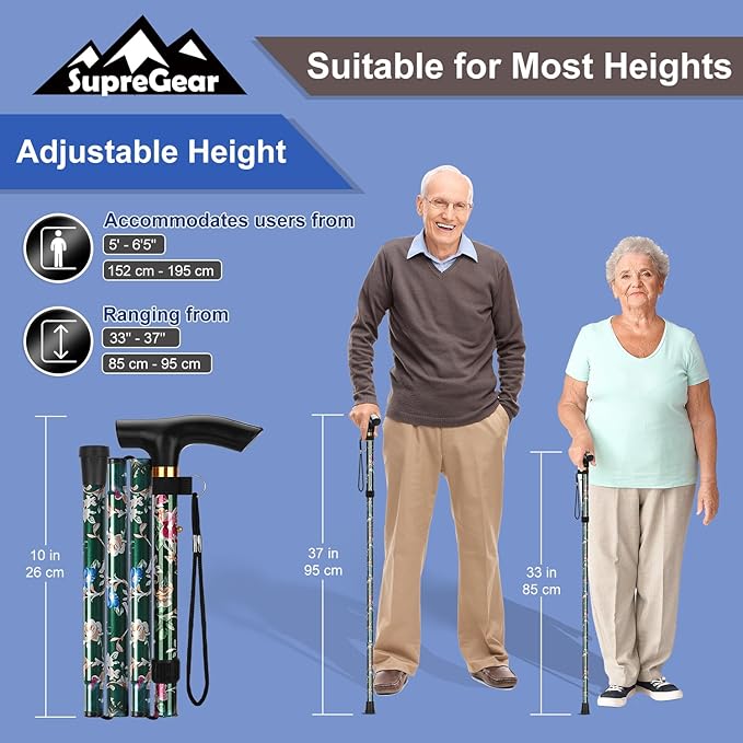 supregear Folding Cane, 5-Level Adjustable Height Walking Stick Lightweight Collapsible Portable Travel Cane with Wrist Strap and T Handle for Elderly Disabled Men Women