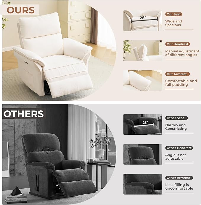 Oversized Power Recliner Chair Swivel Glider with Massage and Heat, Rocker Nursery Recliner for Adults with Adjustable Headrest, 24" Extra Wide Nursery Chair with Overstuffed Armrest,White