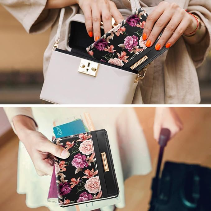Coco Rossi Passport Holder Cover RFID Cute Slim Travel Wallet Women | Travel Essentials, Passport Book Holders, Passport Cover Case, PU Leather, Thin Card Holder, Spliced Design, Black Flower