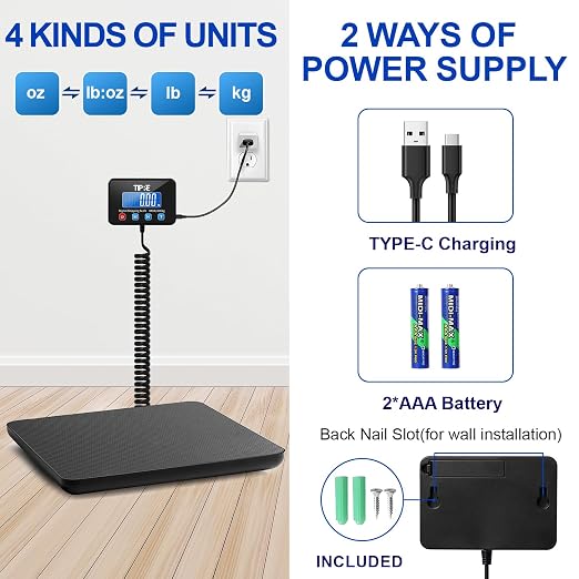 TIPRE Shipping Scale 440lbs for Packages,Lightweight Carbon Fibre Heavy Duty Digital Postal Scale,0.5 oz High Accuracy Commercial Scale with Charging Cable & Batteries for Small Business,Warehouse