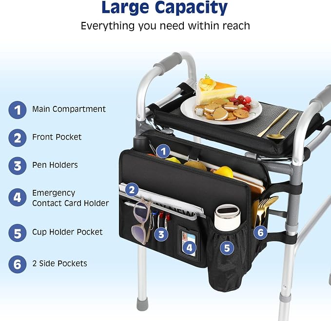 MoKo Walker Basket Bag with Tray, Upgraded Detachable Walker Tray for Folding Walkers with Non-Slip Mat, Large Storage Bag with Multi-Pockets and Cup Holder, Walkers Accessories for Senior, Black