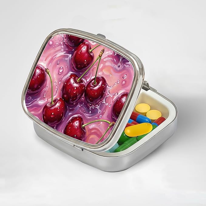 LRITER Pill Case, 2 Compartment Portable Small Travel Pill Organizer for Purse and Pocket, Stylish Medicine Case with Multiple Patterns, Daily Pillbox for Home & Travel (Cherry)