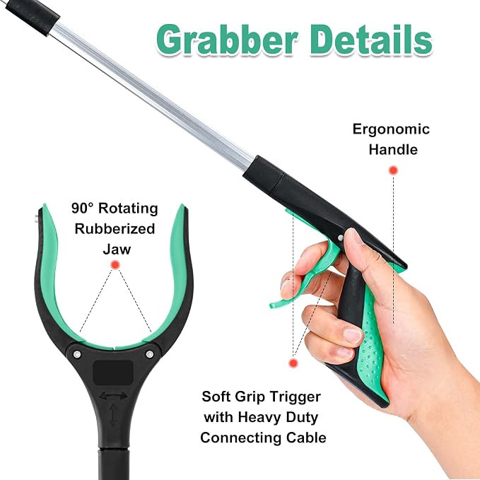 2-Pack Grabber Reacher Tool,32 Inch Extra Long Foldable Pick Up Stick with Strong Grip Magnetic,360°Rotating Anti-Slip Jaw,Trash Claw Grabber Tool,Trash Picker Tool for Outdoor & Indoor (Blue&Green)