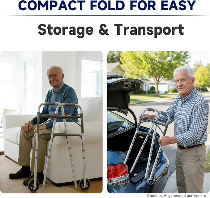 Dual Push-Button Folding Walker with Wheels & Removable Food Tray | Adjustable Height Lightweight Walker for Seniors, 350lb Capacity