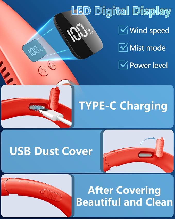 Portable Neck Fan with Mister,Hands Free Folded Neck Fan with LED Display&4 Fan Speeds, Misting Cooling Personal Fans for Your Neck,Foldaway Face Fan with Mist Birthday Gifts for Women Men Adult