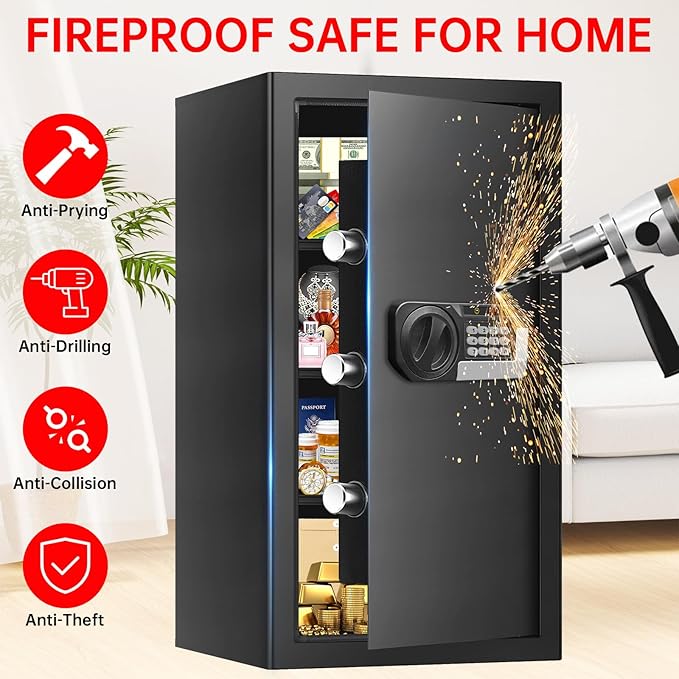 6.2 Cuft Large Home Safes Water and Fireproof with Digital Keypad & Key Lock, Fire Security Safe Box with 3 Removable Shelves, Fireproof Safes for Money Documents Jewelry, 27.56"H x13.78"W x 11.81"D