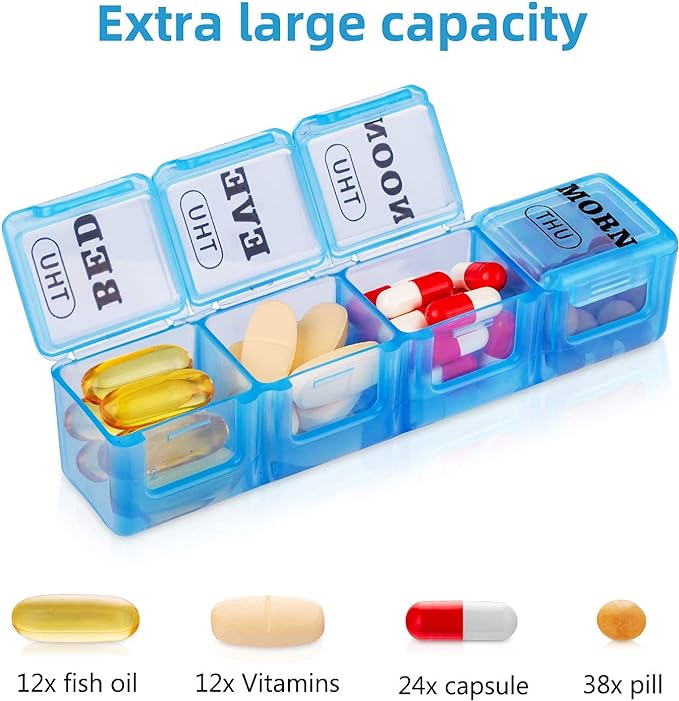 XL Large Weekly Pill Organizer 4 Times a Day, 7-Day Pill Boxes AM PM, Big Compartments Pill Case, Monthly Medication Organizer 28 Days Dispenser for Fish Oils, Vitamin Holder Supplement