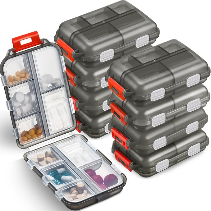 Meekoo 8 Pcs Travel Pill Organizer Pocket Portable Pill Case Daily Container Small Container Medicine Travel with 10 Compartments for Purse Fish Oil Medicine(Gray Red)