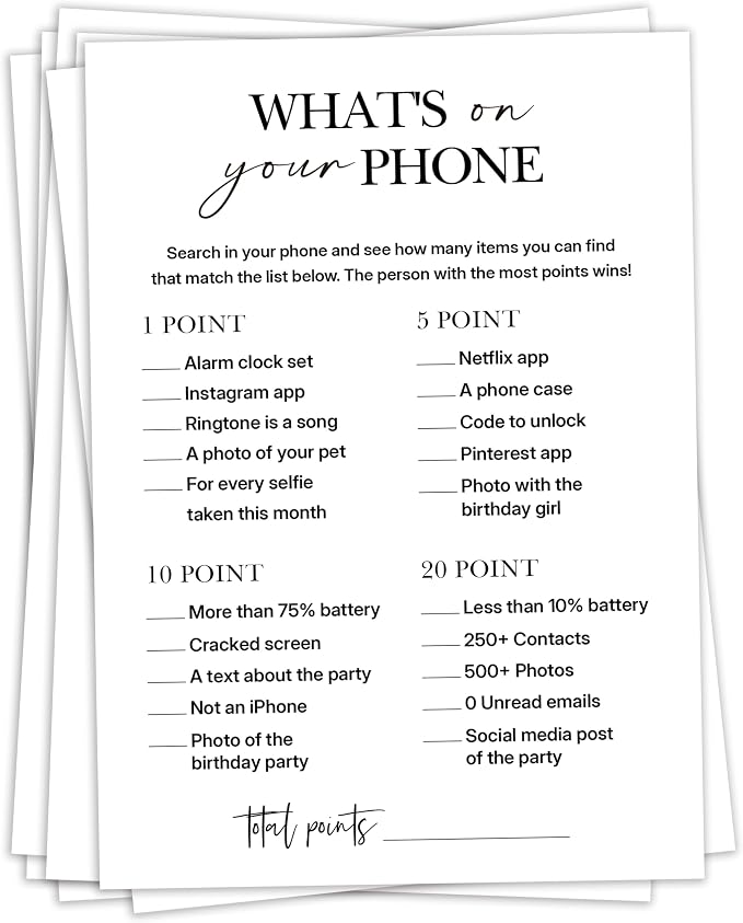 Birthday Party Game for Adults – “What’s on Your Phone?” Paper Game Cards, 25 Icebreaker Sheets for Adult Birthday Celebrations & Social Parties - A07