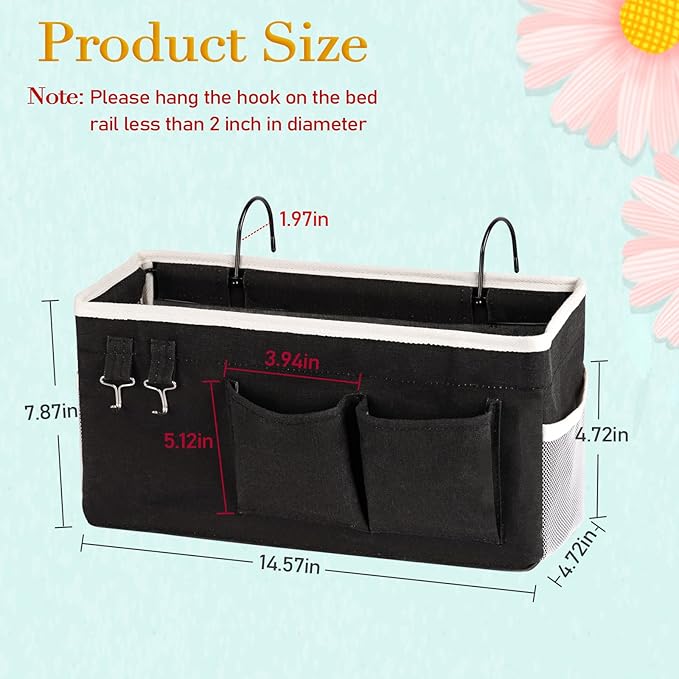 Bedside Caddy Bedside Storage Bag for Headboards/Bunk Bed | Hanging Bed Caddy with Hooks fits Bunk bed Hospital Beds Dorm Bed Rails, Essentials for Phones, Books, Remotes, Water Bottles