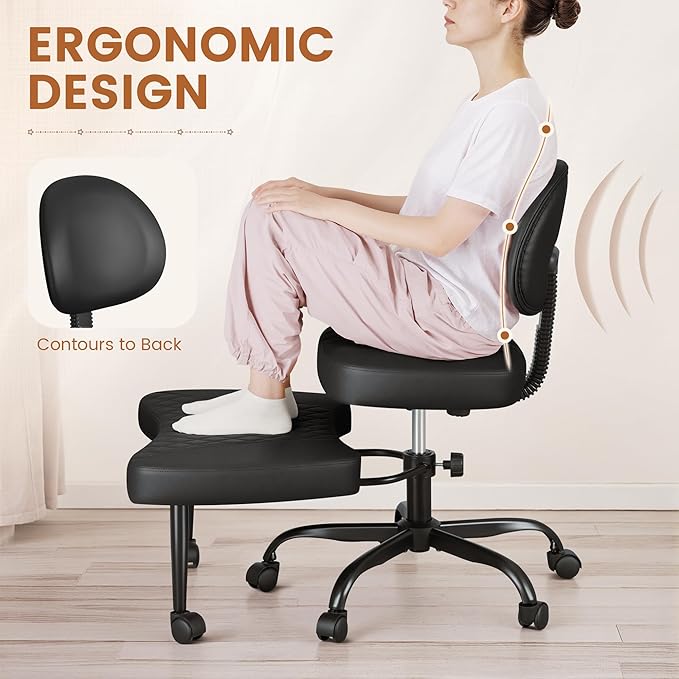 Ergonomic Cross Legged Office Chair with Wheels - Adjustable Height Kneeling Meditation Chairs for ADHD, Yoga & Desk Work - Wide Criss Cross Seat with Lumbar Support, Black