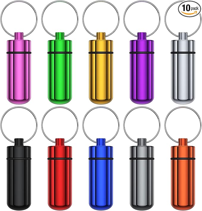 Small Portable Pill Case with Keychain(10 Pack), Urekt Waterproof Aluminum Pill Organizer Metal Mini Box Pocket Drug Storage Container for Outdoor Camping Travel