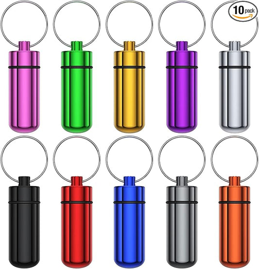 Small Portable Pill Case with Keychain(10 Pack), Urekt Waterproof Aluminum Pill Organizer Metal Mini Box Pocket Drug Storage Container for Outdoor Camping Travel