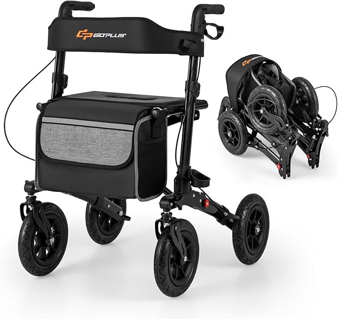 Goplus Walkers for Seniors with Seat, 2 in 1 Folding Rolling Rollator Walker with 9" Pneumatic Tires for All Terrain, Height Adjustment, Ergonomic Backrest, Aluminum Adult Mobility Walking Aid